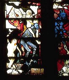 blond-white women with
blue-green and red-orange fiends from Fairford Last Judgement Window