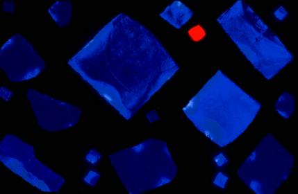 Detail: window section, Undulating wall of 
blue dalle de verre glass, Hall of Science, Flushing, New York, 1964, by 
Willet Studios