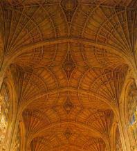 King's College Chapel, fan-vaulted ceiling with obvious transverse arches, from King's College, Cambridge